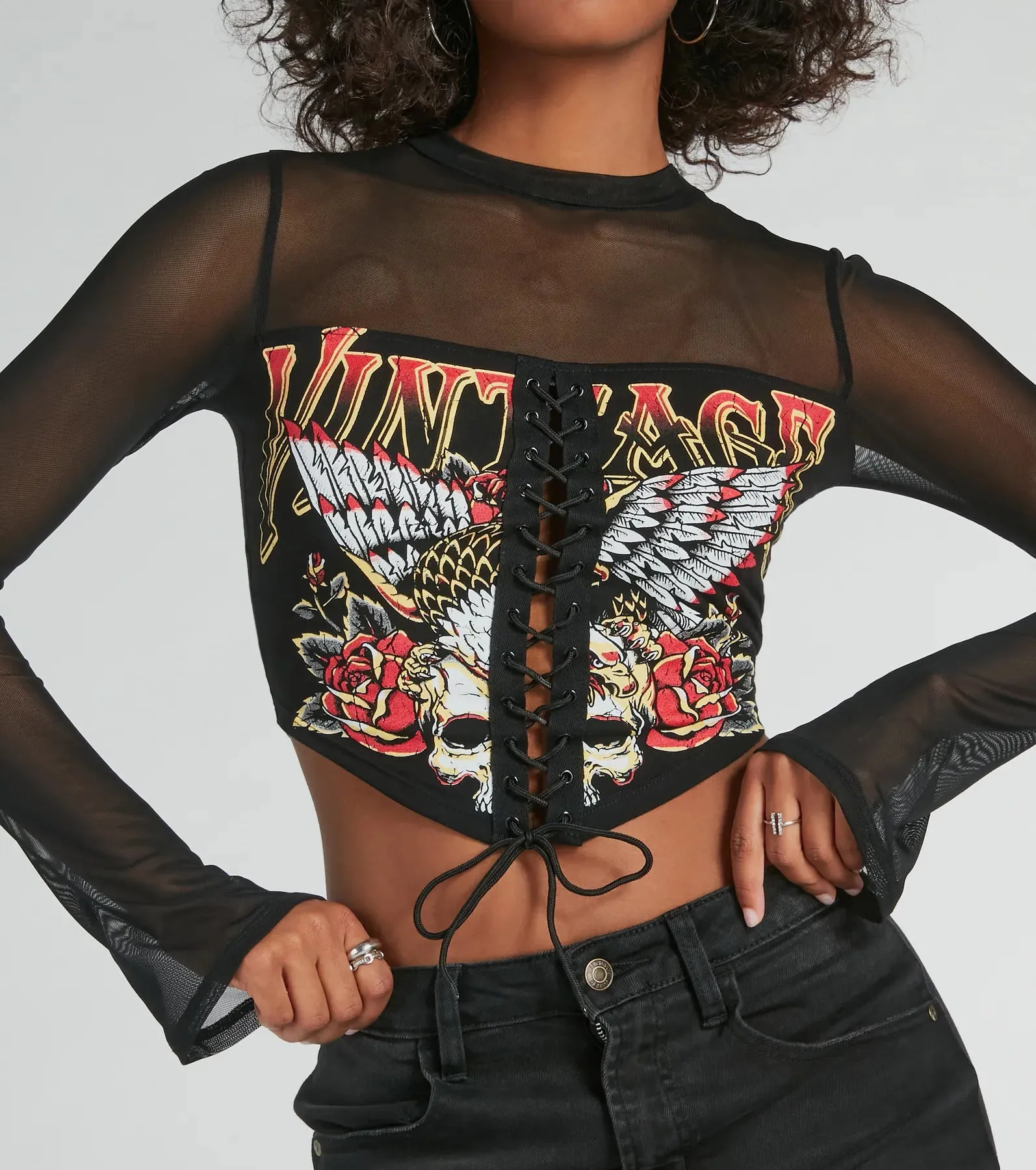 Vintage Lace-Up Mesh Graphic Crop Top sold by Windsor product image thumbnail 4