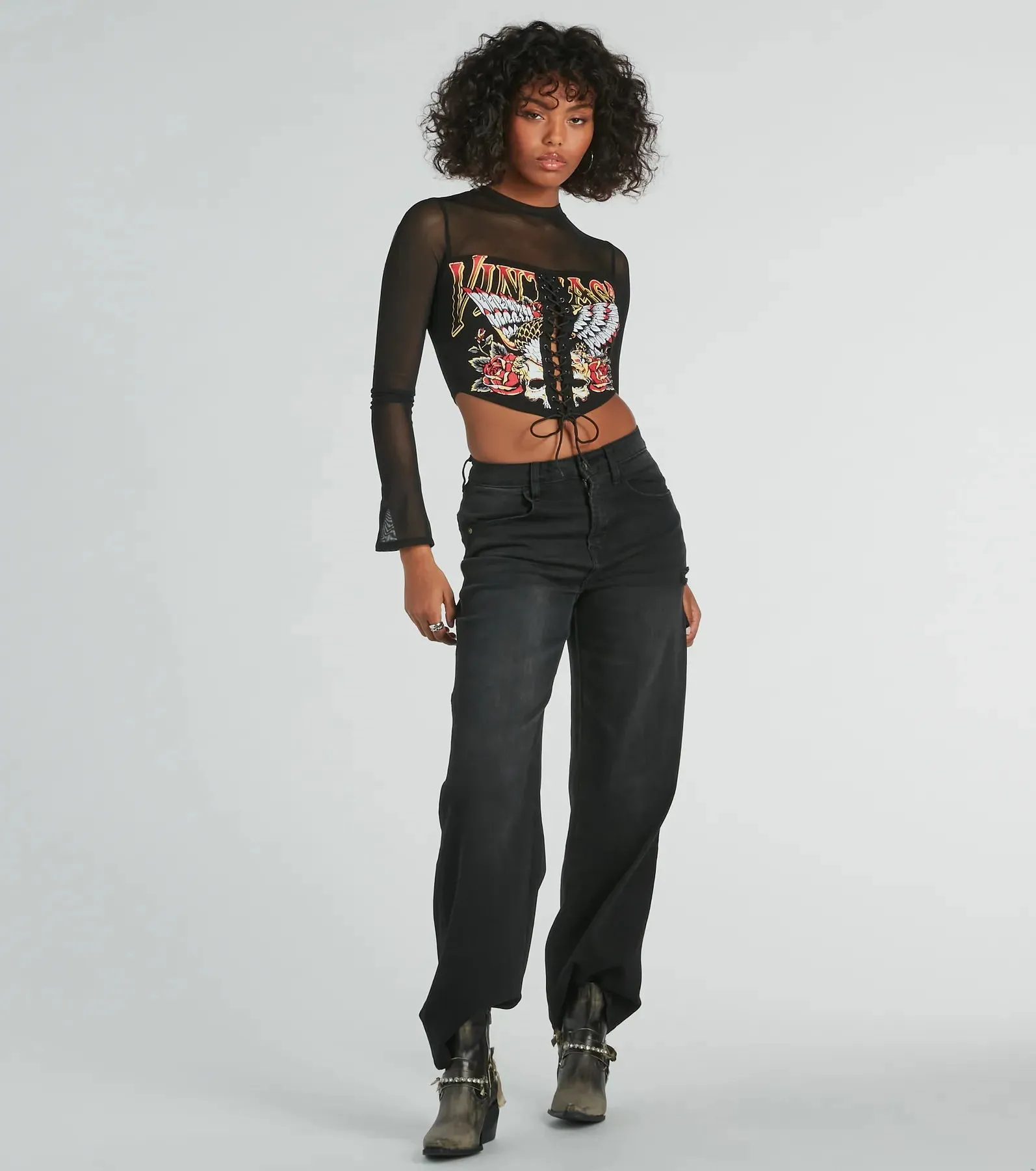Vintage Lace-Up Mesh Graphic Crop Top sold by Windsor product image thumbnail 2