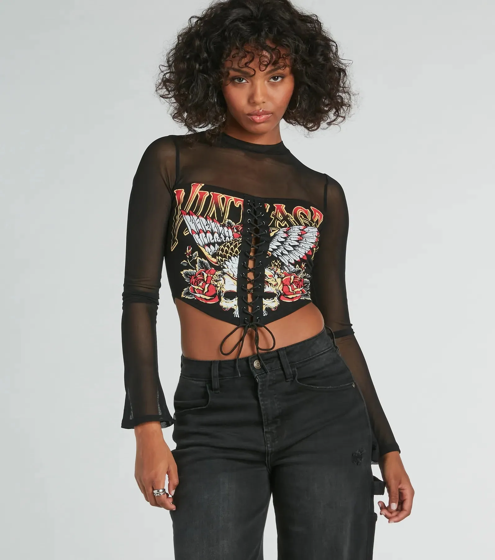 Vintage Lace-Up Mesh Graphic Crop Top sold by Windsor