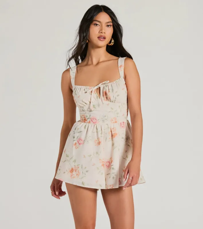 Flirty Choice Sleeveless Lace-Up Floral Romper sold by Windsor