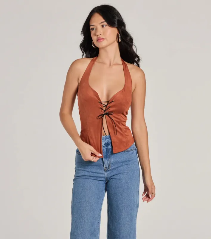 Country Girlie Halter Lace-Up Faux Suede Crop Top sold by Windsor