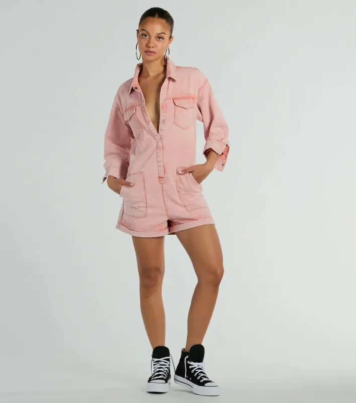 Road Trippin' Long Sleeve Cuffed Acid Denim Romper sold by Windsor