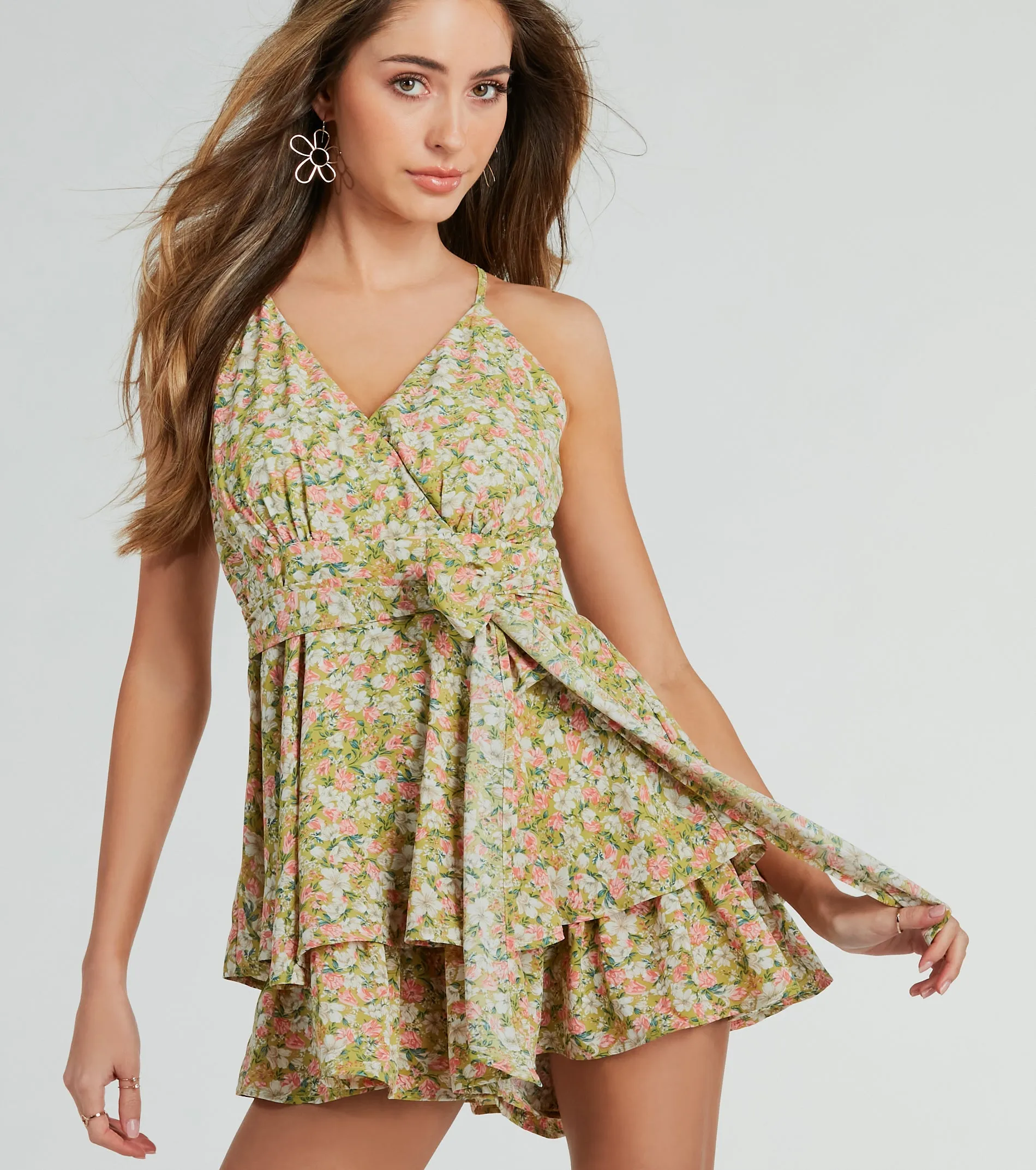 In My Element V-Neck Bow Ruffled Floral Romper sold by Windsor