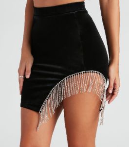 Sparkly Muse Rhinestone Fringe Velvet Mini Skirt sold by Windsor