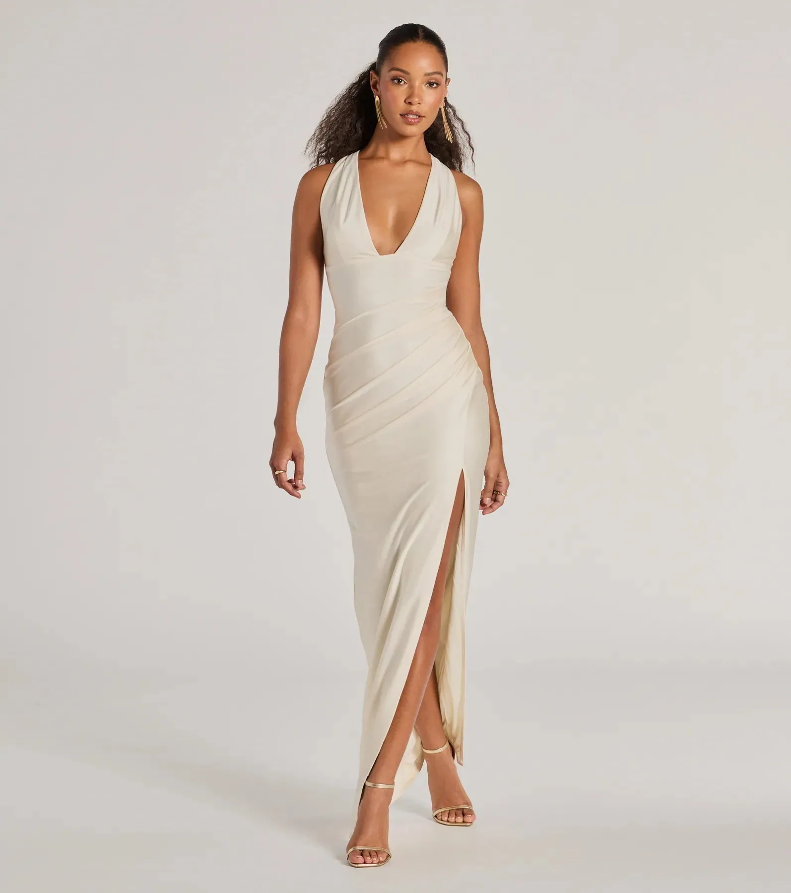 Jenn V-Neck Strappy Back Slit Long Formal Dress sold by Windsor