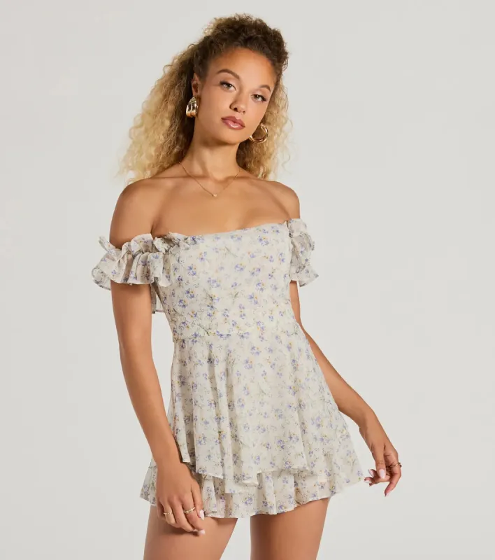 Fun And Flirty Off-The-Shoulder Ruffled Floral Romper sold by Windsor