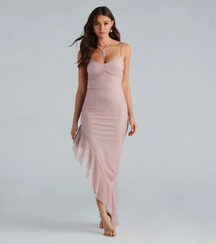 CLEARANCE - One Last Dance Glitter Asymmetric Ruffled Maxi Dress sold by Windsor