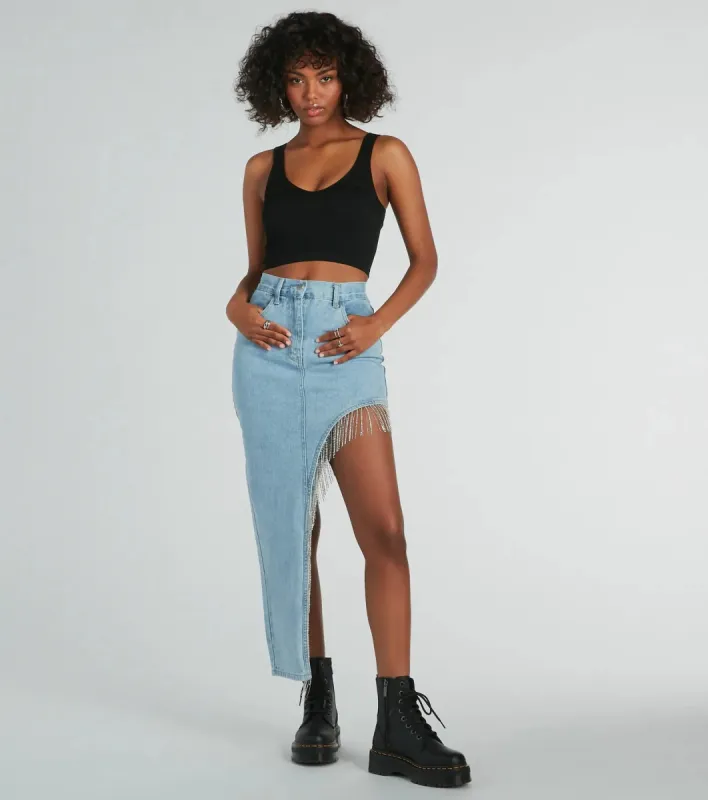 Glitzy Rhinestone Fringe High Slit Denim Maxi Skirt sold by Windsor