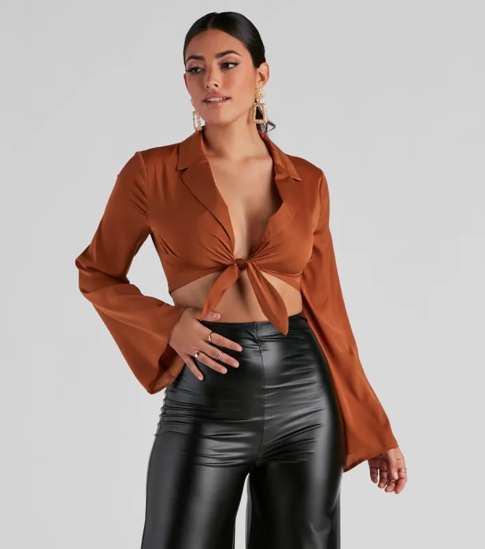 Smooth Talker Satin Tie-Front Top sold by Windsor