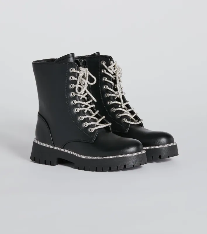 Glam Rockstar Rhinestone Lace-Up Combat Boots sold by Windsor