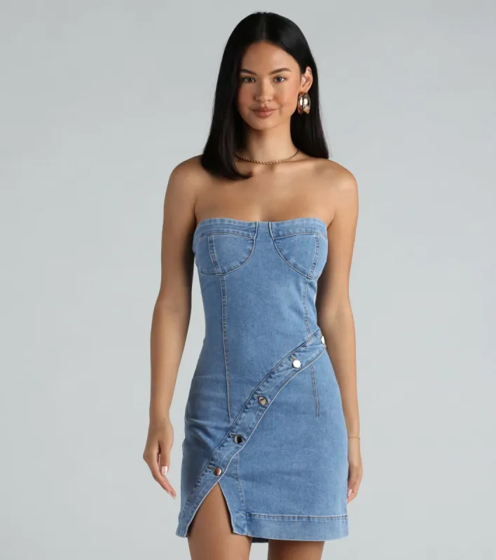 Button Up Babe Denim Strapless Mini Dress sold by Windsor