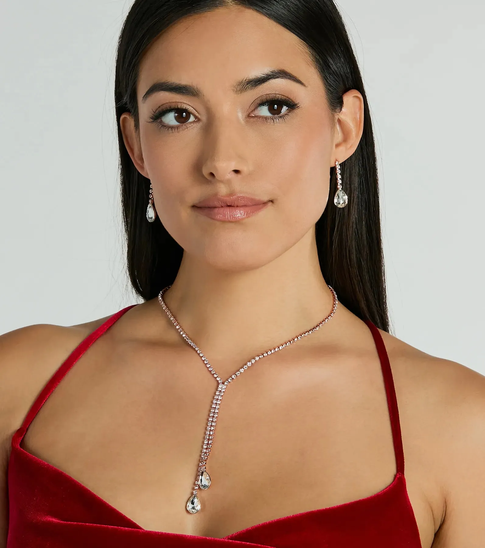 Glam Muse Rhinestone Lariat Necklace And Earrings Set sold by Windsor