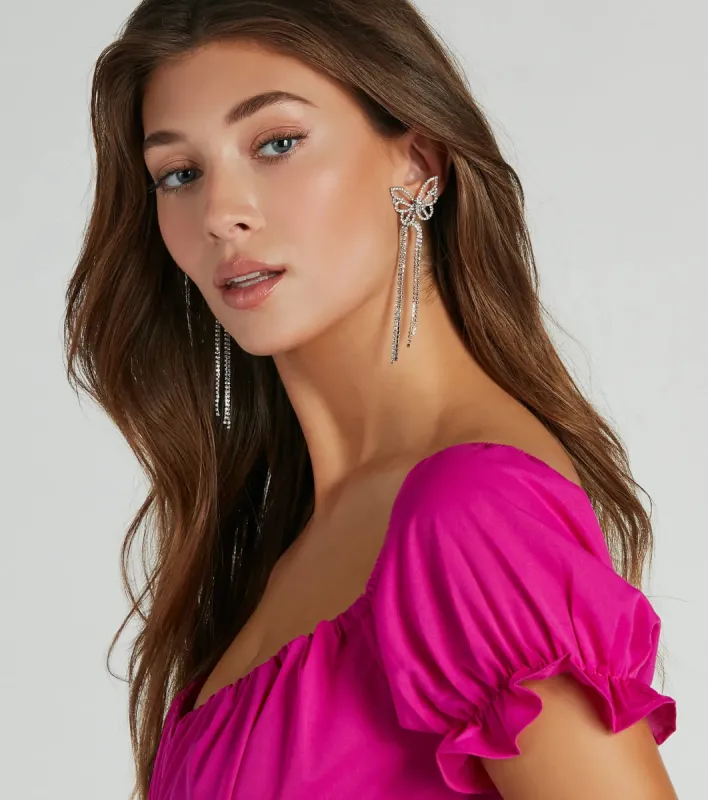 Flirty Glam Rhinestone Butterfly Fringe Earrings sold by Windsor