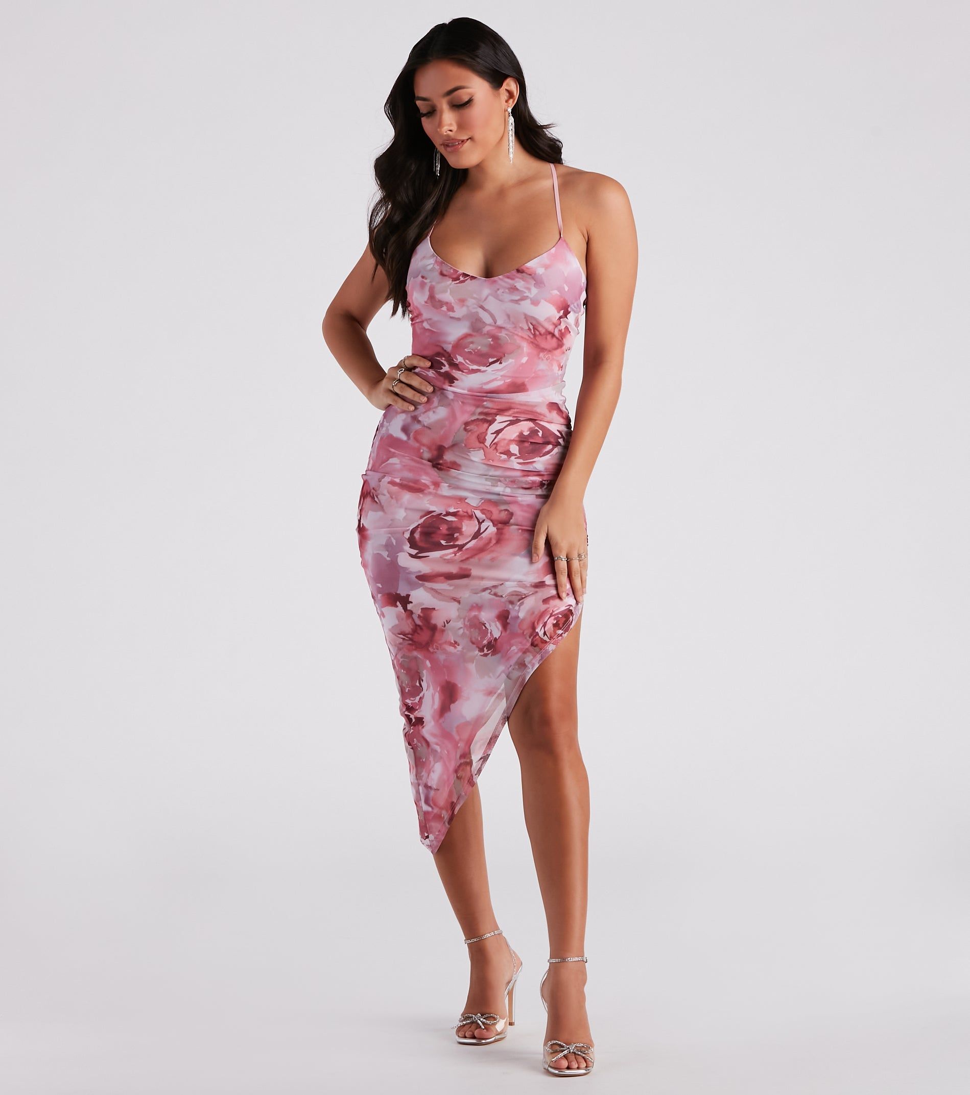 Dreamy Floral Ruched Mesh Midi Dress sold by Windsor