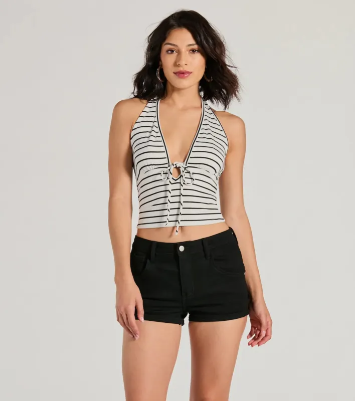 Weekend Style Striped Knit Halter Crop Top sold by Windsor