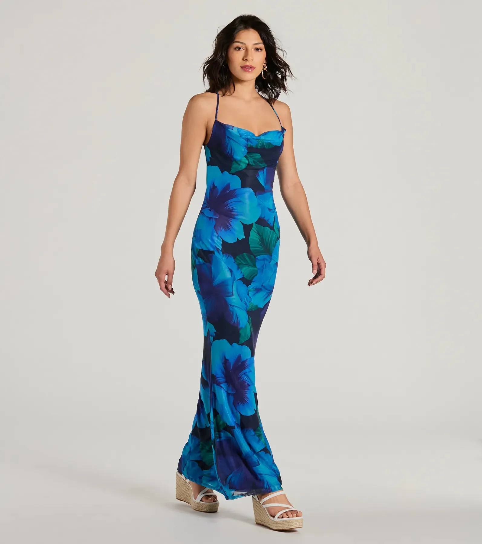 Ocean Breeze Cowl Neck Low Back Tropical Maxi Dress sold by Windsor product image thumbnail 4