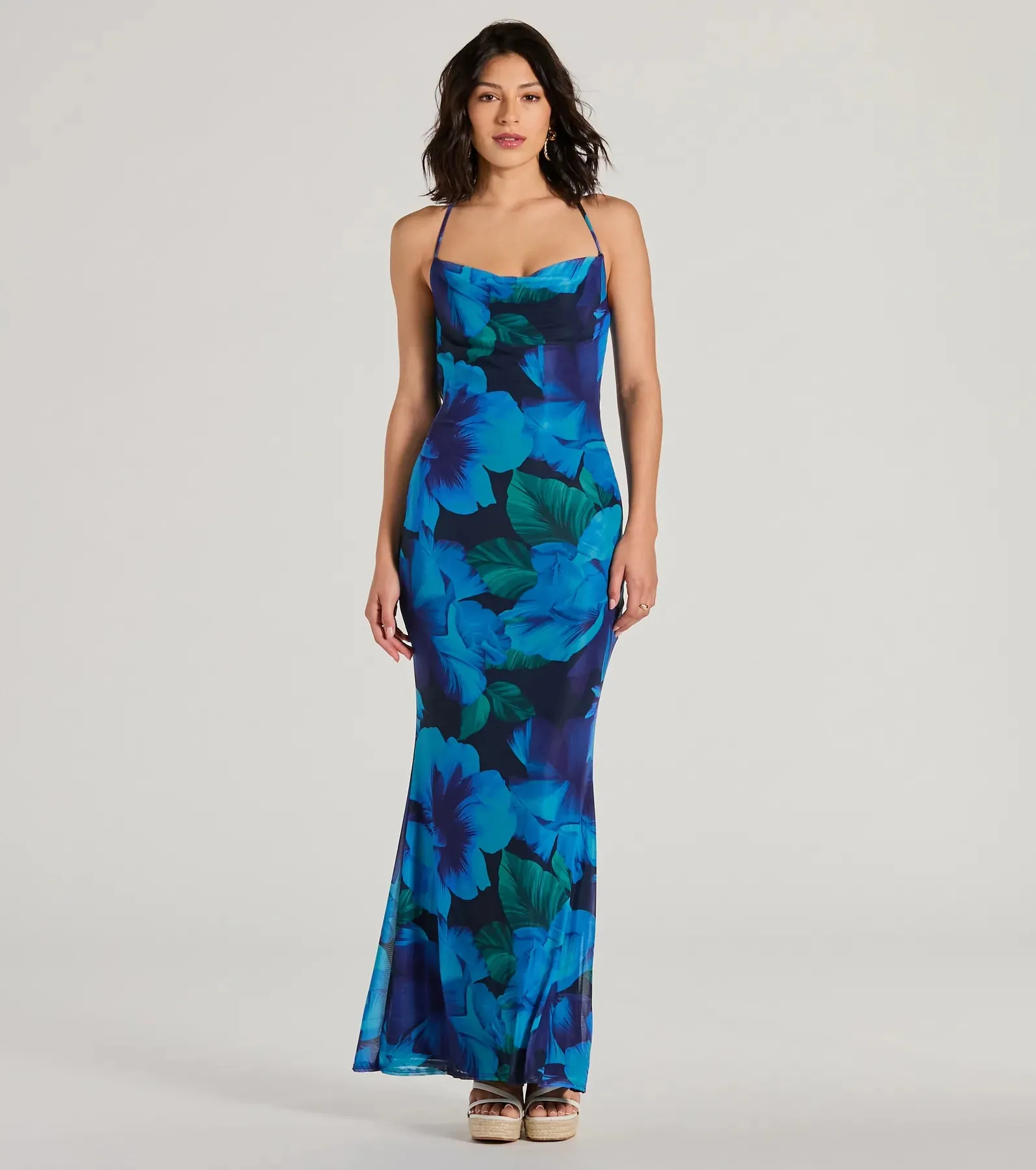 Ocean Breeze Cowl Neck Low Back Tropical Maxi Dress sold by Windsor