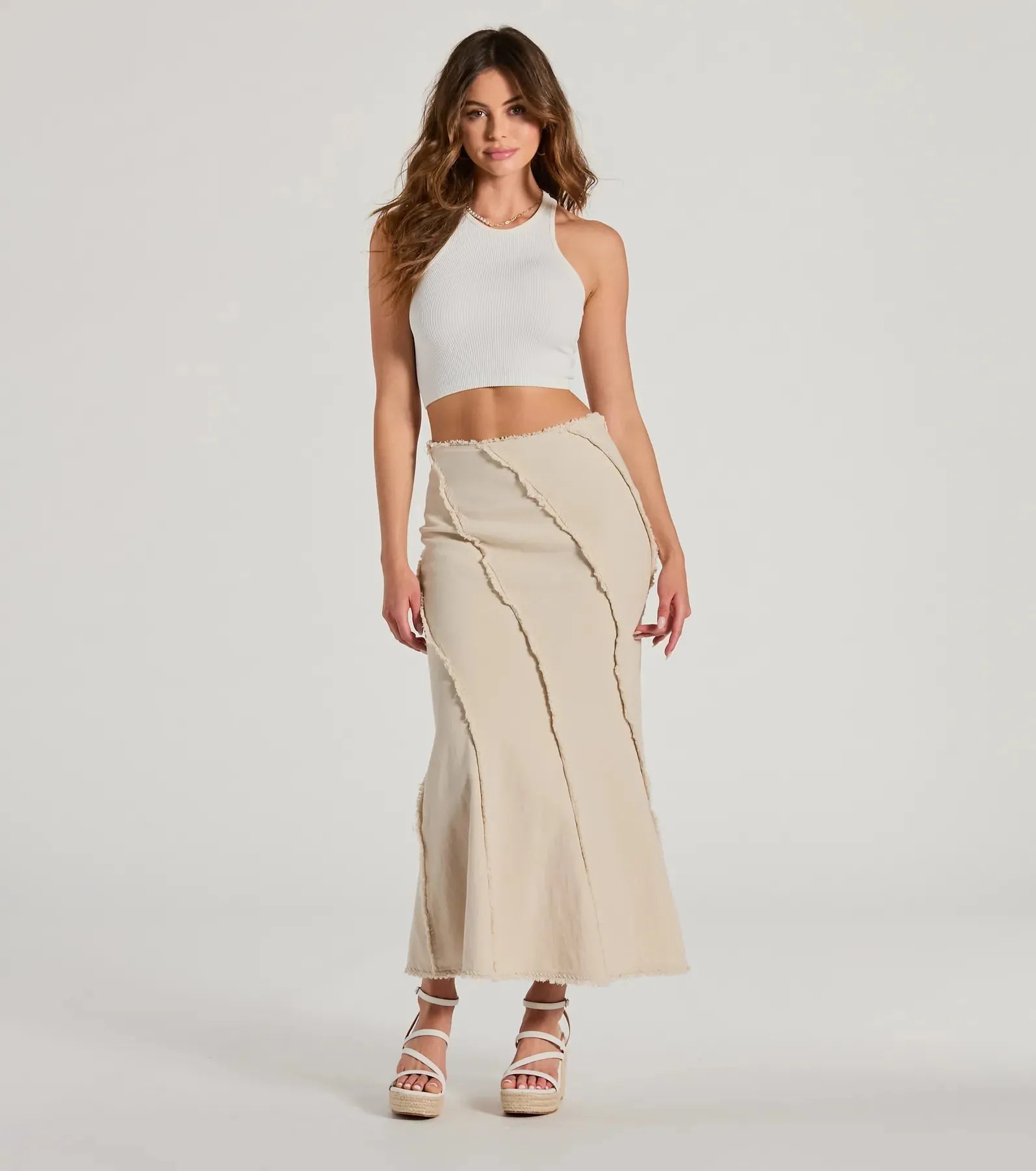 Full Of Trendiness High-Rise Fray A-Line Maxi Skirt sold by Windsor