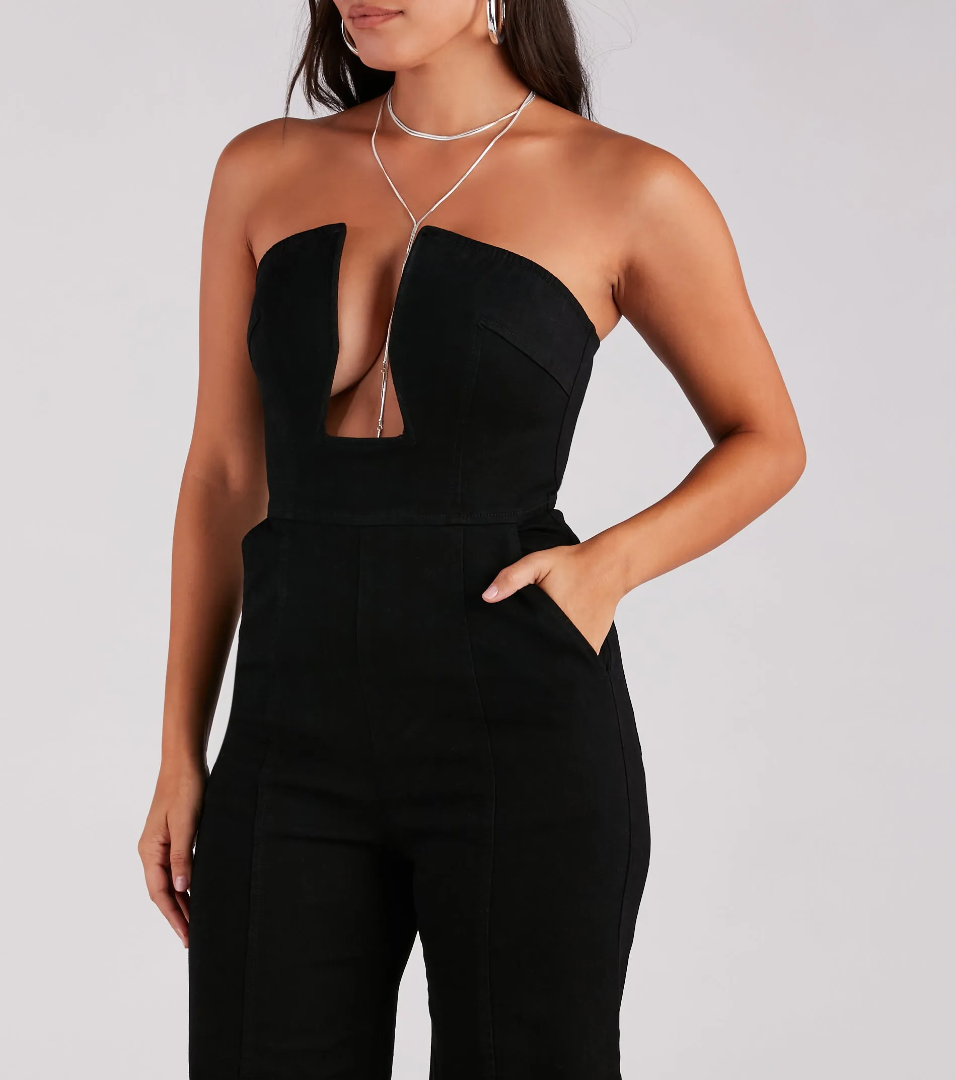 Entice The Night Plunge Neck Denim Jumpsuit sold by Windsor product image thumbnail 3