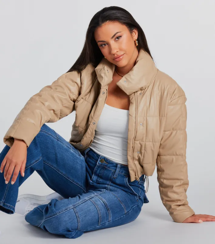 Sleek As Can Be Faux Leather Puffer Jacket sold by Windsor