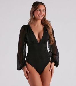 Sheer And Sultry Plunging Bodysuit sold by Windsor