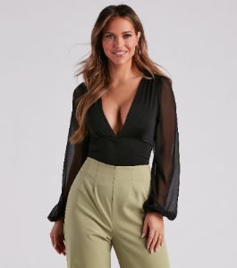 Sheer And Sultry Plunging Bodysuit sold by Windsor