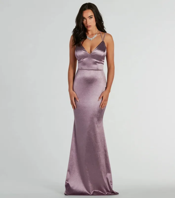 Melanie Sleeveless Lace-Up Glitter Satin Formal Dress sold by Windsor