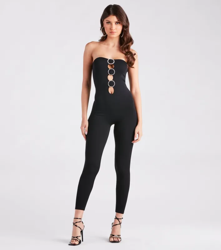 Alluring Glamour Rhinestone Cutout Catsuit sold by Windsor