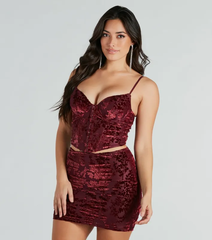 Twice As Flirty Flocked Velvet Bustier sold by Windsor