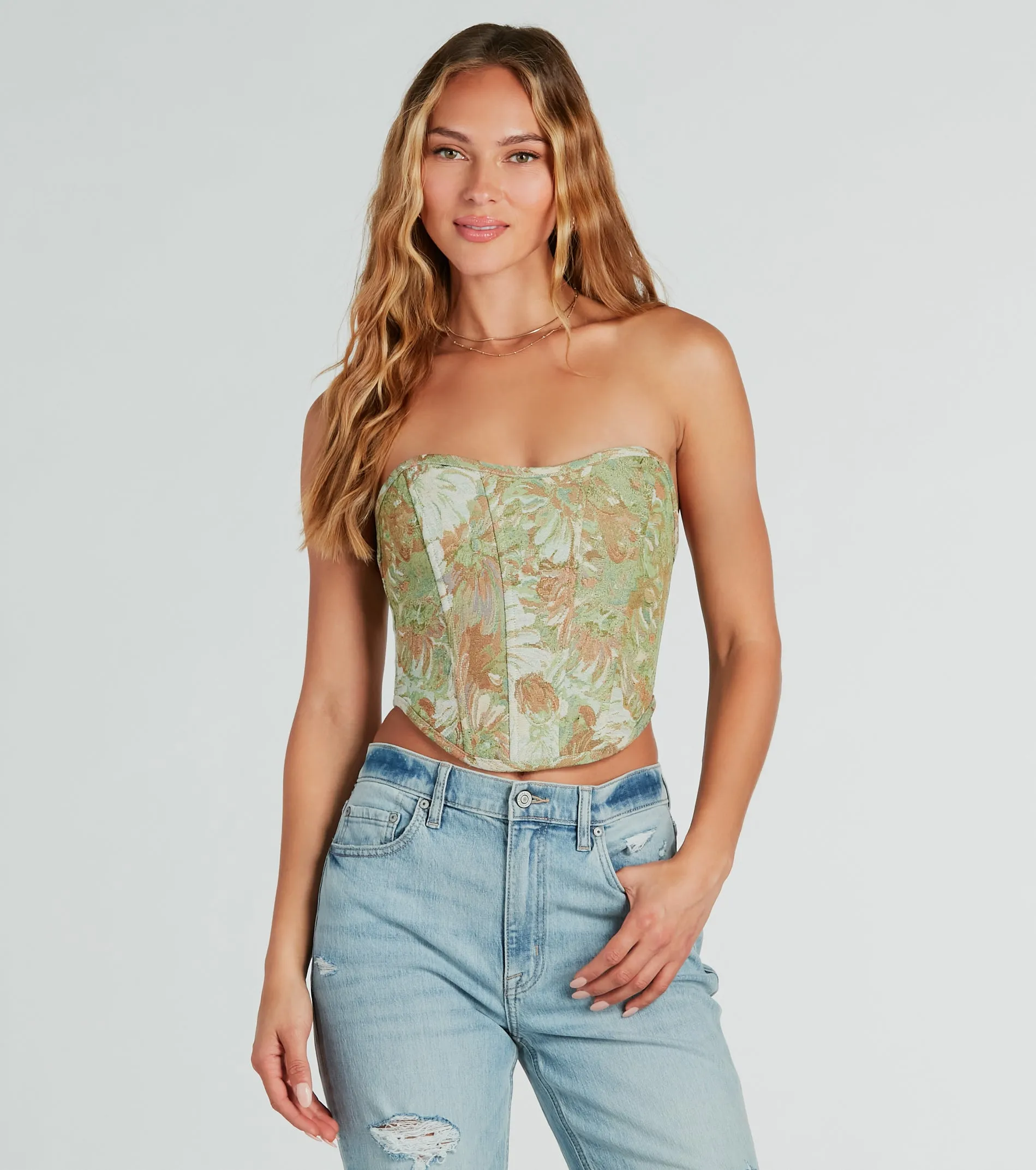 Table For Two Floral Lace-Up Corset Top sold by Windsor