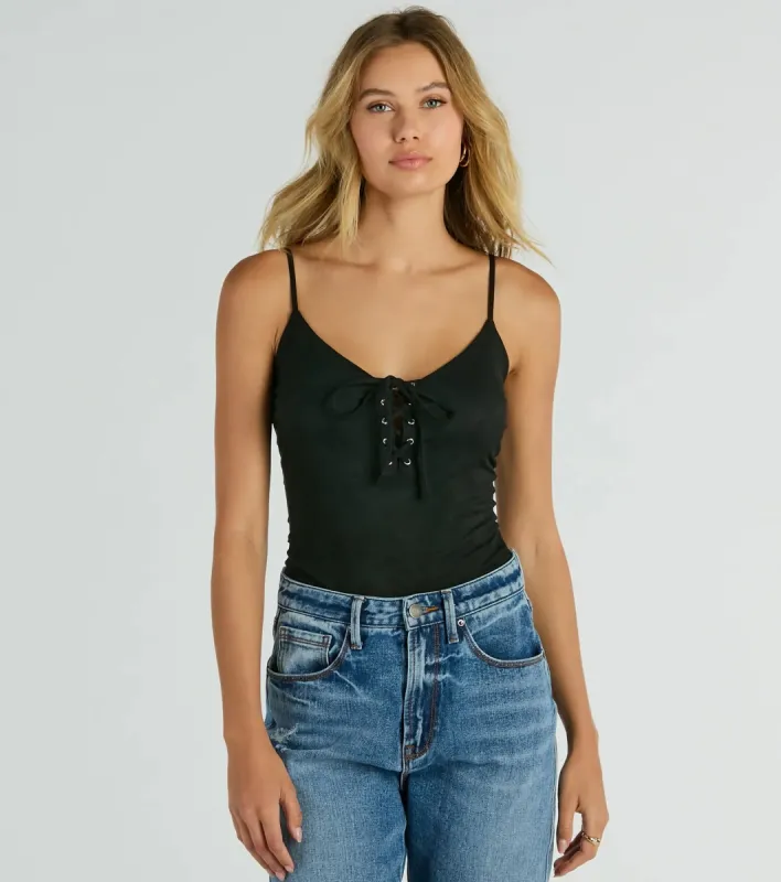 Lace Me Up Sleeveless Faux Suede Bodysuit sold by Windsor