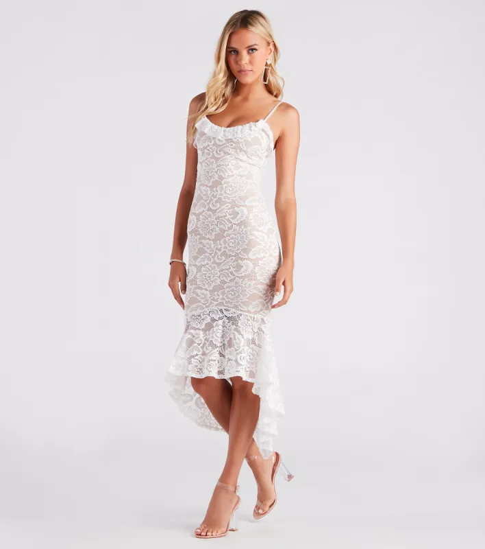 Romance Alert Lace Ruffle High-Low Midi Dress sold by Windsor