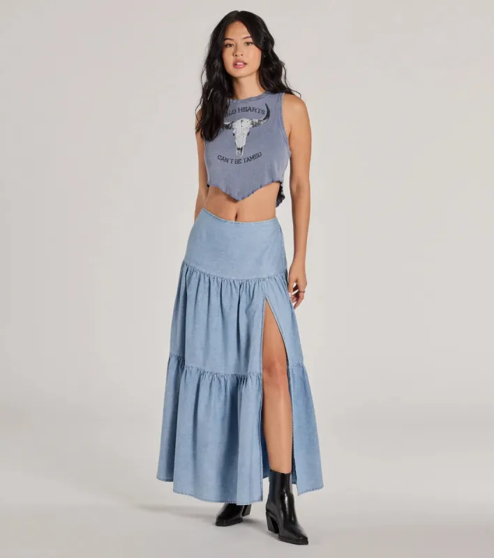 Just Got Sweet High-Rise Slit Chambray Maxi Skirt sold by Windsor