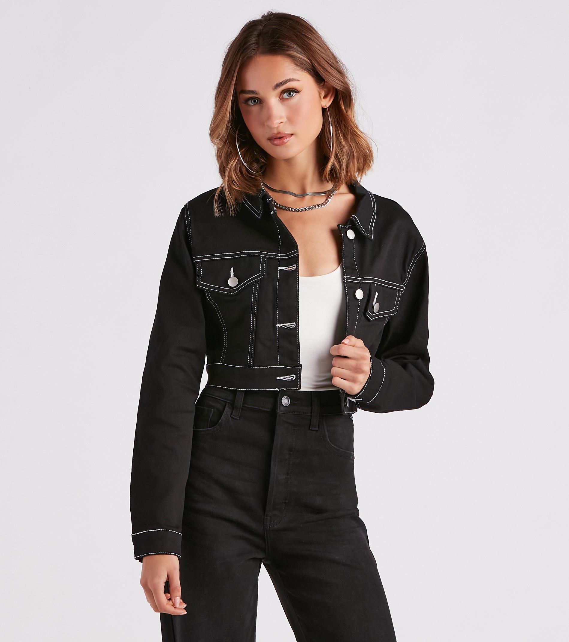 Make Way Contrast Stitch Crop Denim Jacket sold by Windsor