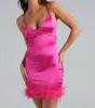 Ultimate Glam Girl Feather Trim Satin Mini Dress sold by Windsor