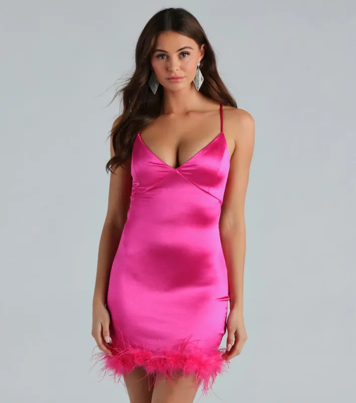 Ultimate Glam Girl Feather Trim Satin Mini Dress sold by Windsor
