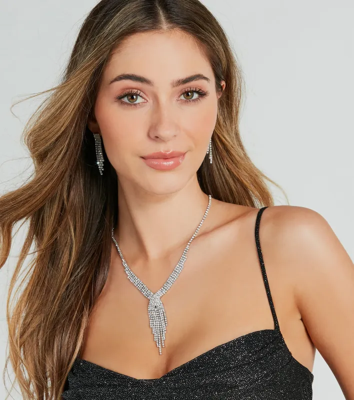 Dazzling Rhinestone Fringe Necklace And Earrings Set sold by Windsor