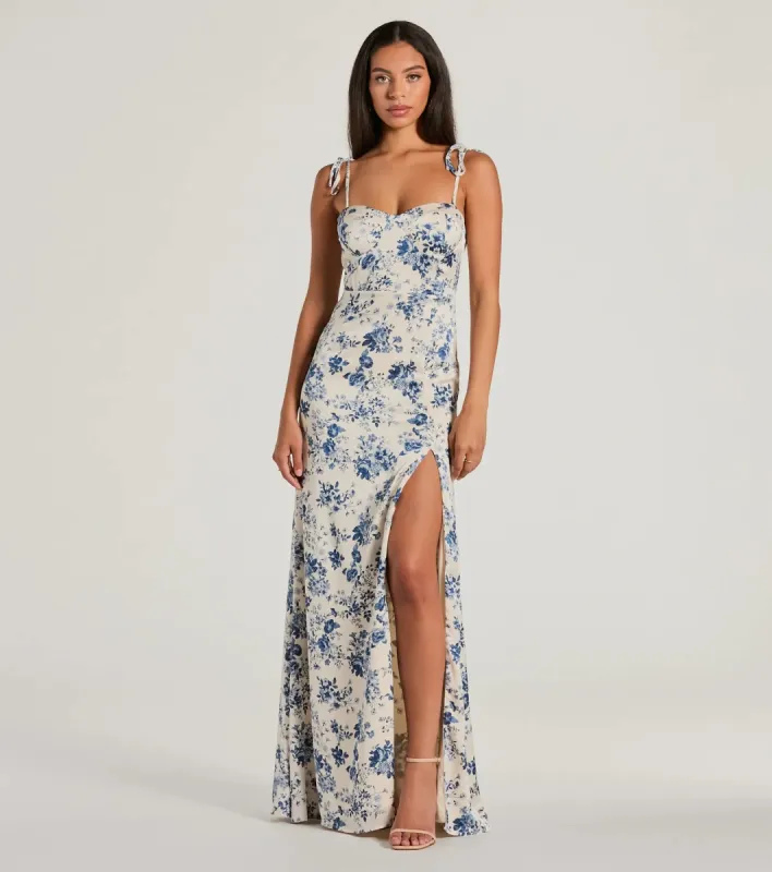 Amalia High Slit Floral Satin Mermaid Dress sold by Windsor