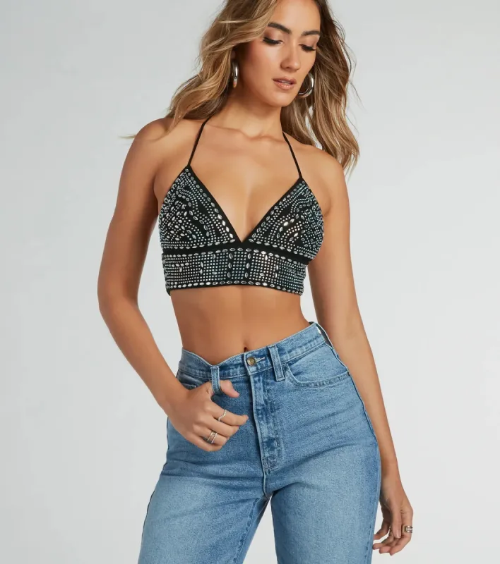 When The Party Calls Rhinestone Halter Crop Top sold by Windsor