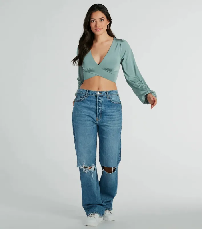 CLEARANCE - Smooth Talkin' Long Sleeve V-Neck Crop Blouse sold by Windsor