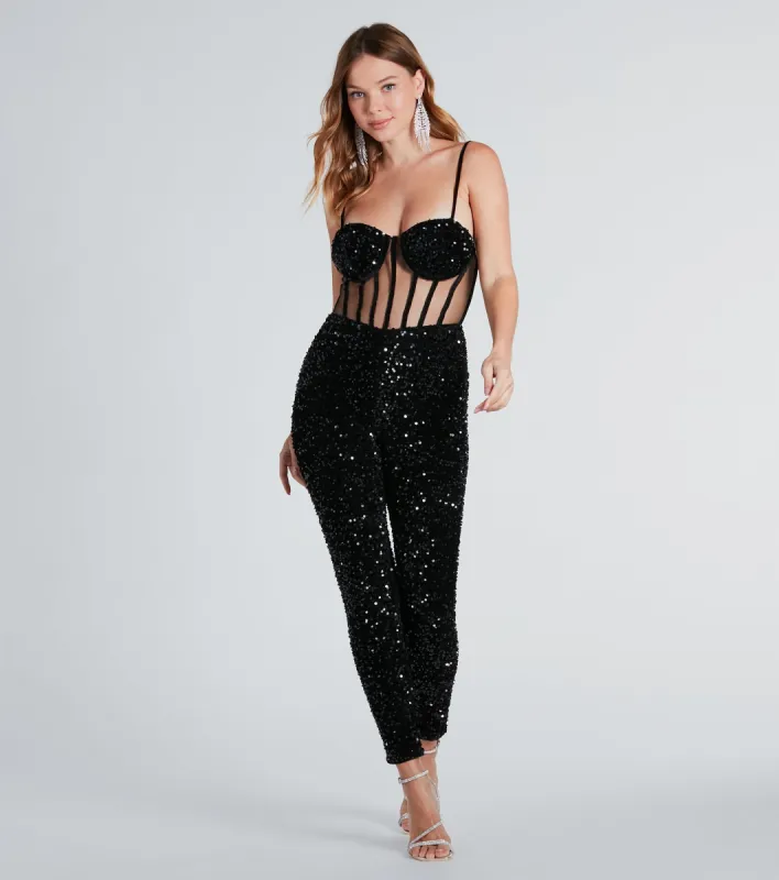 On Stage Sequin Corset Velvet Jumpsuit sold by Windsor