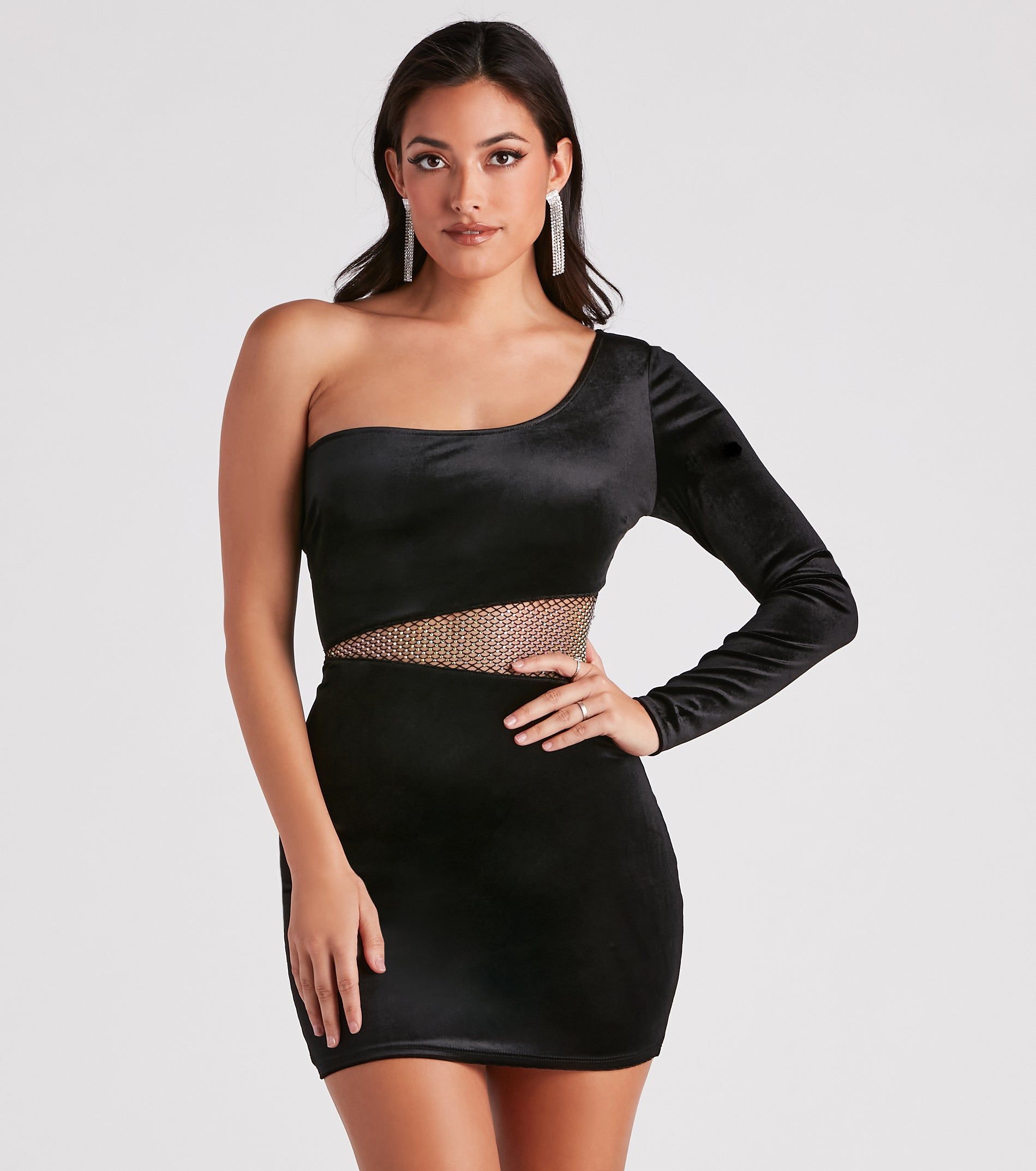 Keep It Luxe Rhinestone Velvet Mini Dress sold by Windsor