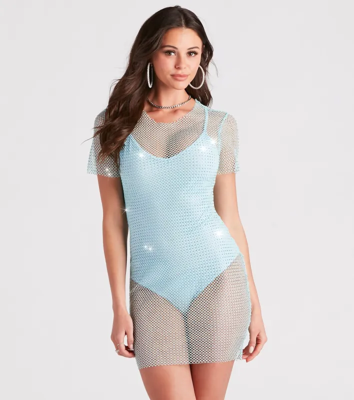 CLEARANCE - Fierce Summer Vibes Rhinestone Fishnet Mini Dress sold by Windsor