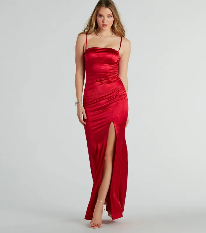 CLEARANCE - Hallie Rhinestone Satin High Slit Mermaid Dress sold by Windsor