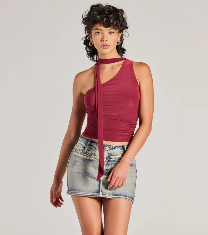 It-Girl Style One-Shoulder Neck Tie Knit Top sold by Windsor
