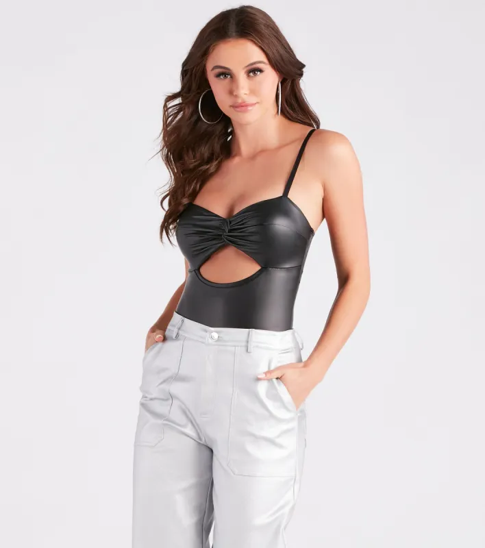 Fine Desire Faux Leather Cutout Bodysuit sold by Windsor