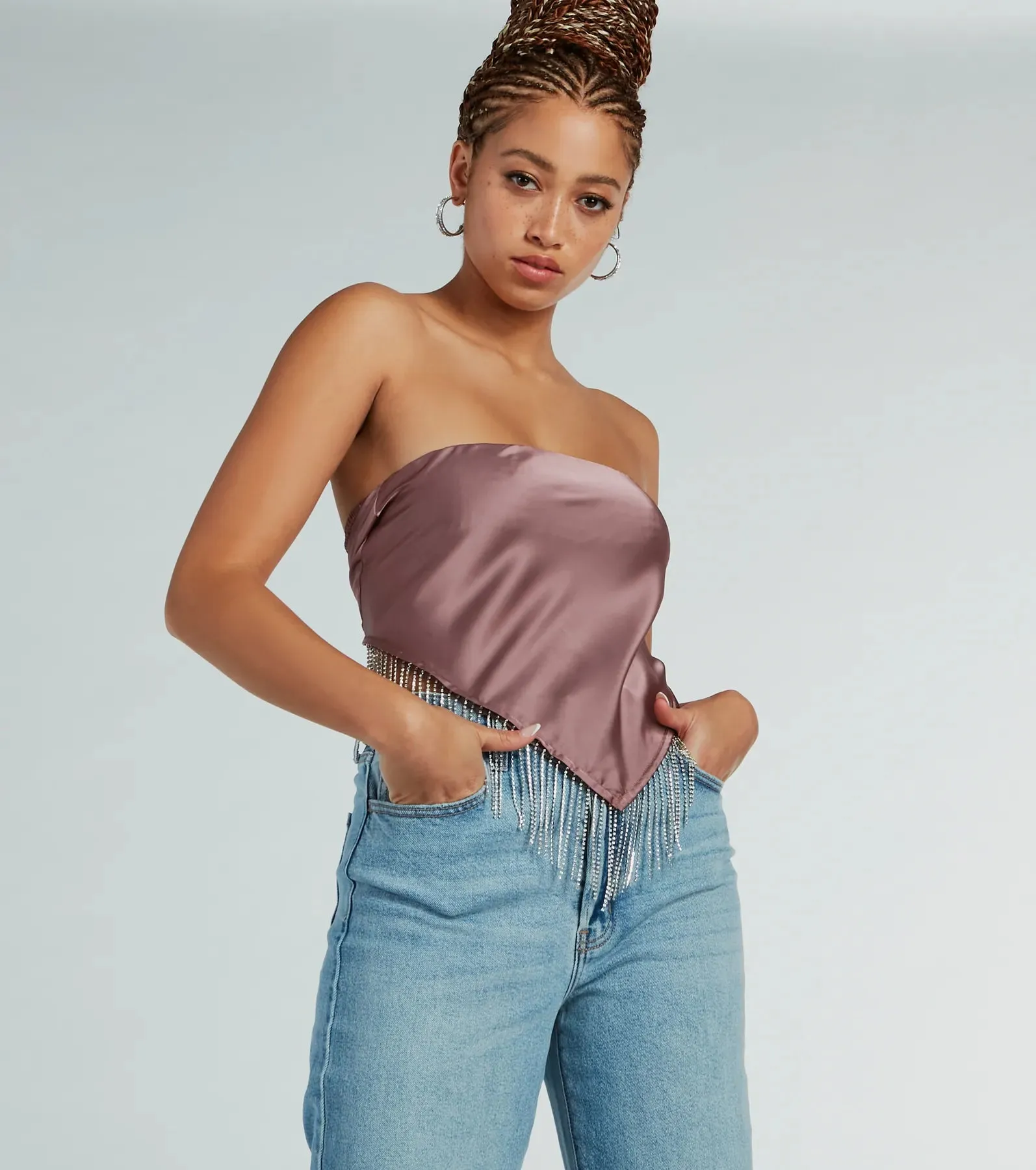 Effortlessly Classy Strapless Rhinestone Satin Top sold by Windsor