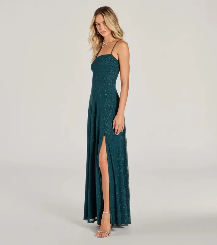 Maizie Sleeveless Slit A-Line Glitter Formal Dress sold by Windsor
