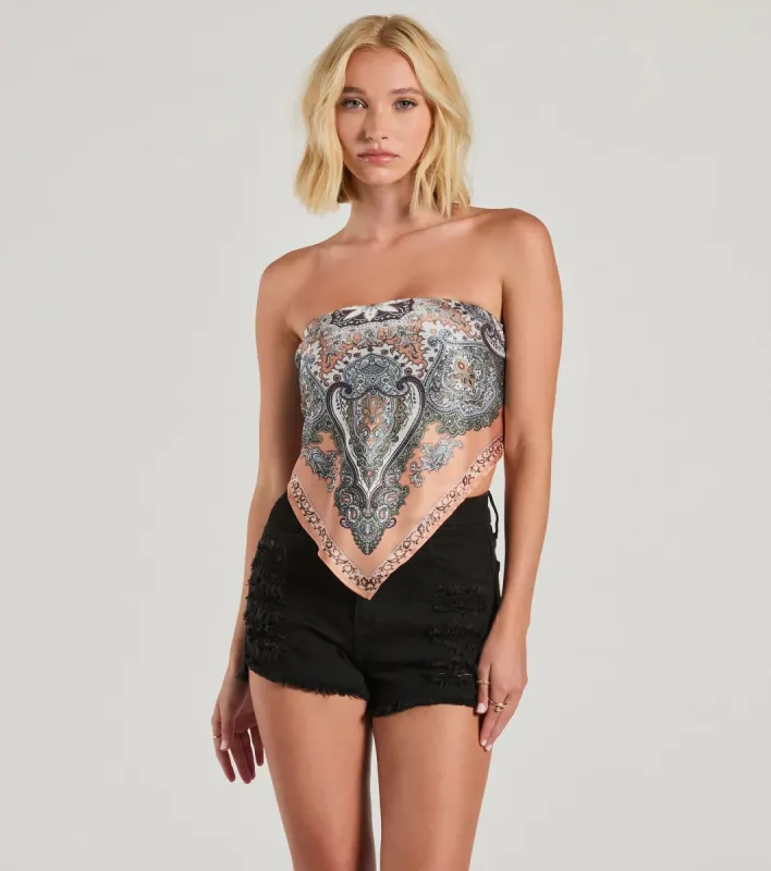 Trendy Adventure Strapless Paisley Satin Crop Top sold by Windsor