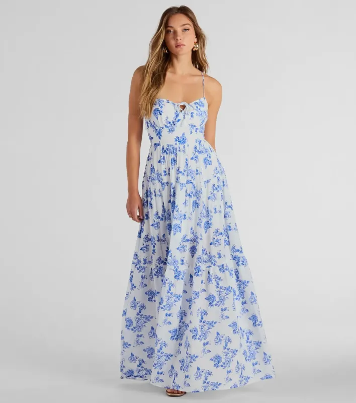 Charming Vibe Tie-Back Flowy Floral Woven Maxi Dress sold by Windsor